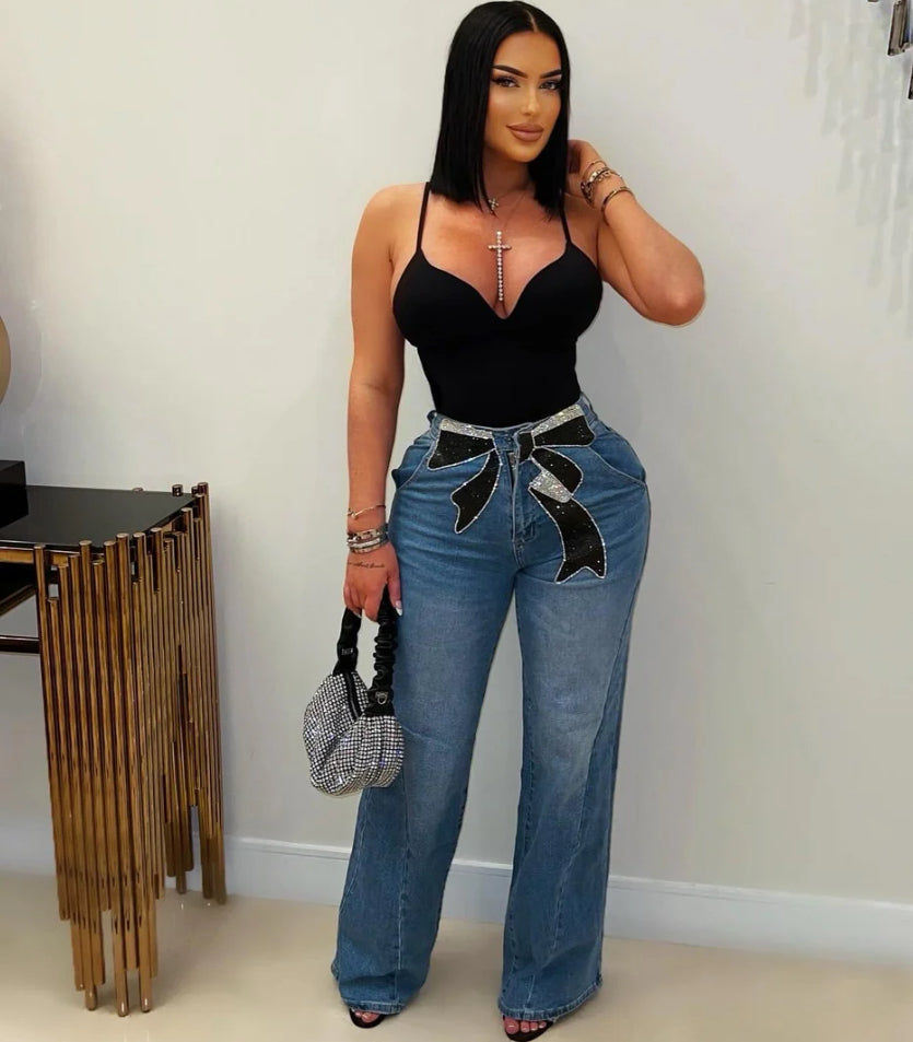 Rhinestone Bow Denim Jeans